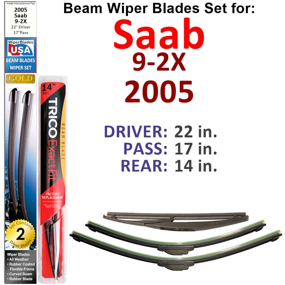 Set of 3 Beam Wiper Blades designed for 2005 Saab 9-2X, showcasing their flexible and durable construction.