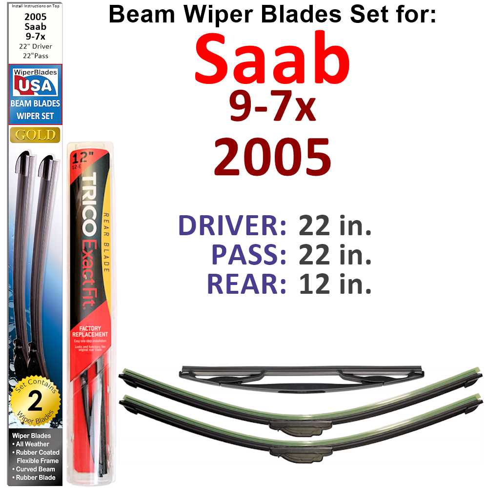 Set of 3 Beam Wiper Blades designed for 2005 Saab 9-7x, showcasing their flexible and durable design.