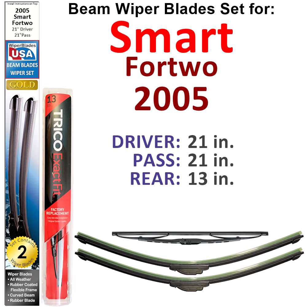 Set of 3 Beam Wiper Blades designed for 2005 Smart Fortwo, showcasing their flexible and durable construction.