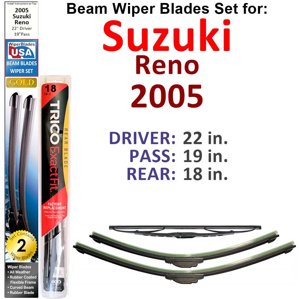 Set of 3 Beam Wiper Blades designed for 2005 Suzuki Reno, showcasing their flexible and durable construction.