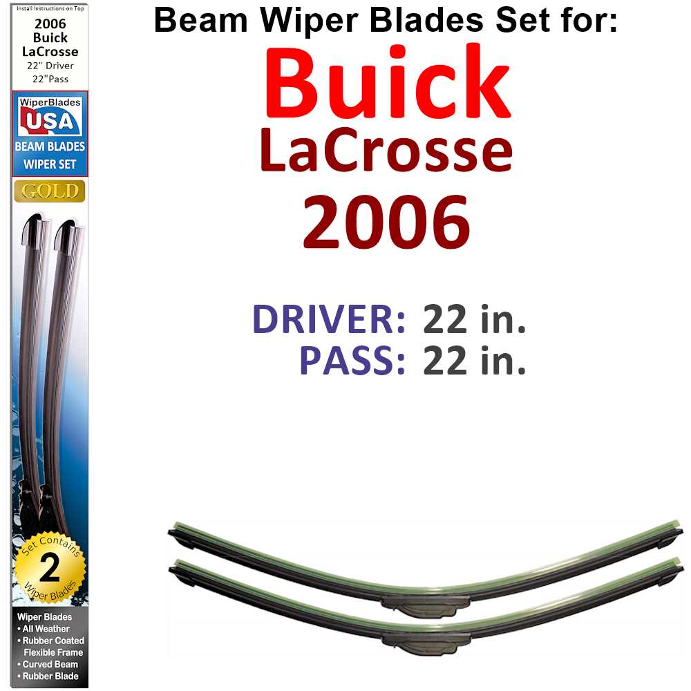 Set of 2 Beam Wiper Blades designed for 2006 Buick LaCrosse, showcasing their flexible and durable construction.