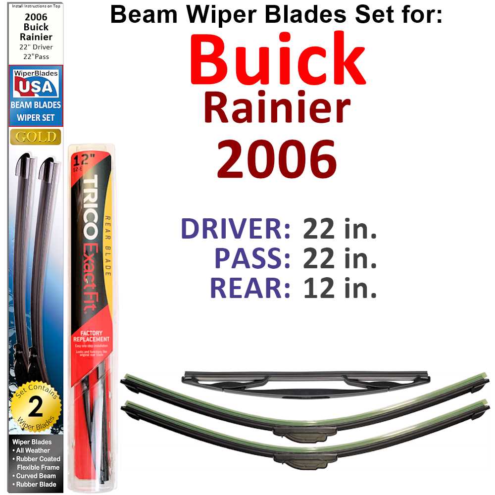 Set of 3 Beam Wiper Blades designed for 2006 Buick Rainier, showcasing their flexible and durable design.