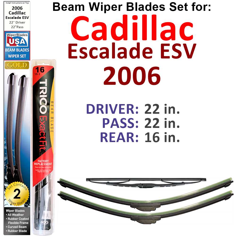 Set of 3 Beam Wiper Blades designed for 2006 Cadillac Escalade ESV, showcasing their flexible and durable construction.