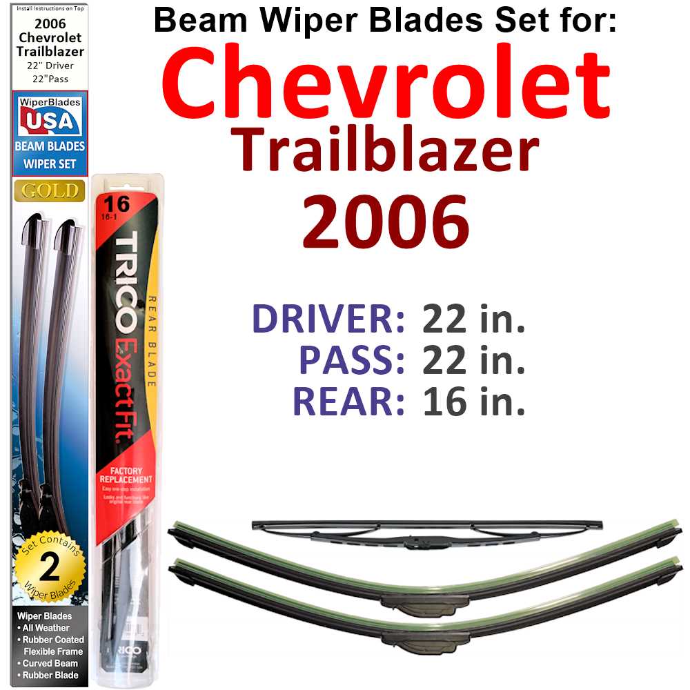 Set of 3 Beam Wiper Blades designed for 2006 Chevrolet Trailblazer, showcasing their flexible and durable design.