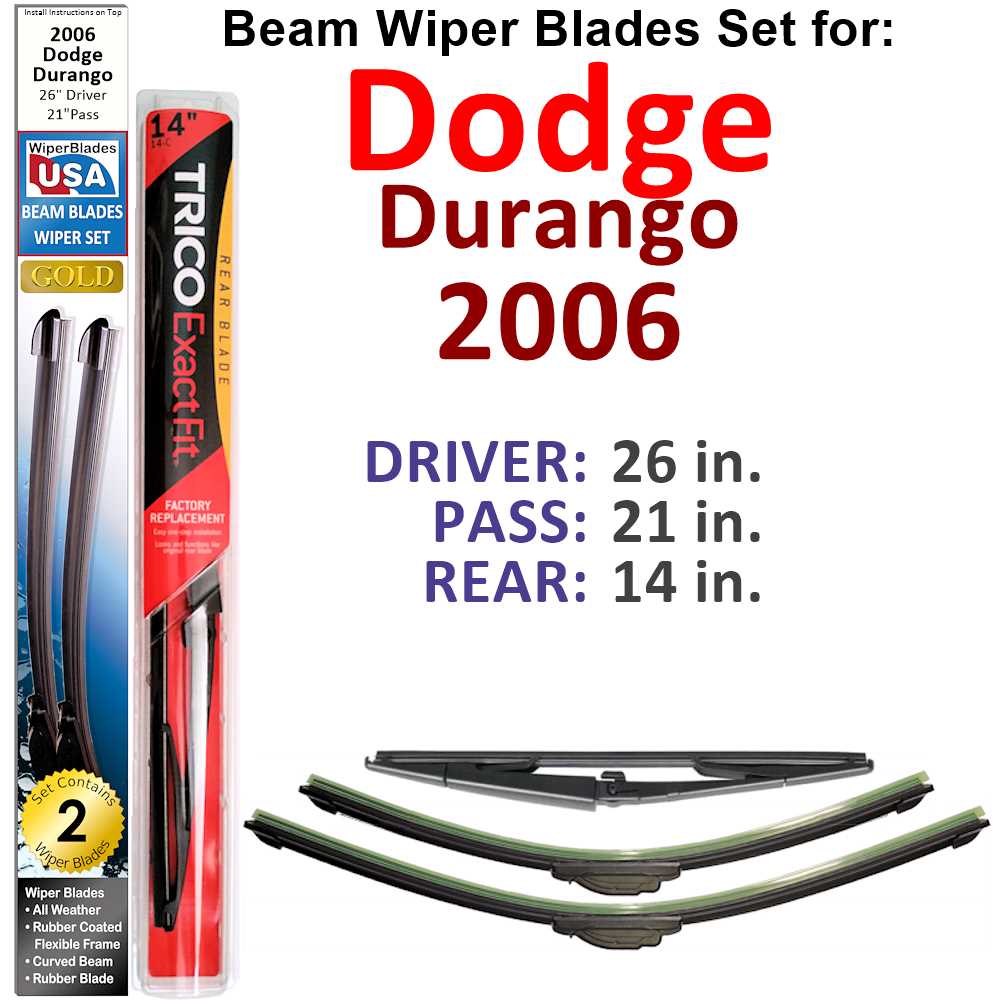 Set of 3 Beam Wiper Blades for 2006 Dodge Durango, showcasing their flexible design and durable rubber construction.