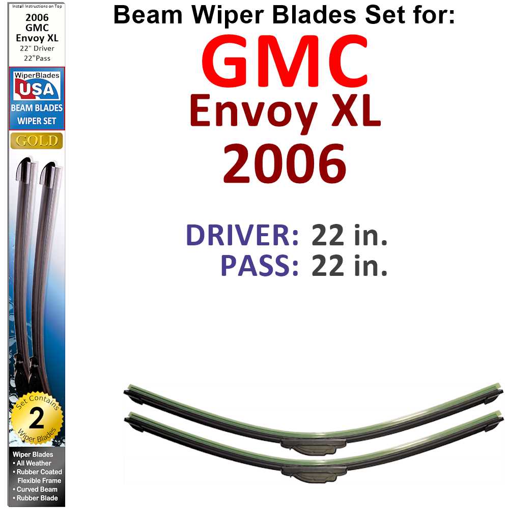 Set of 2 Beam Wiper Blades designed for 2006 GMC Envoy XL, showcasing their flexible and durable construction.