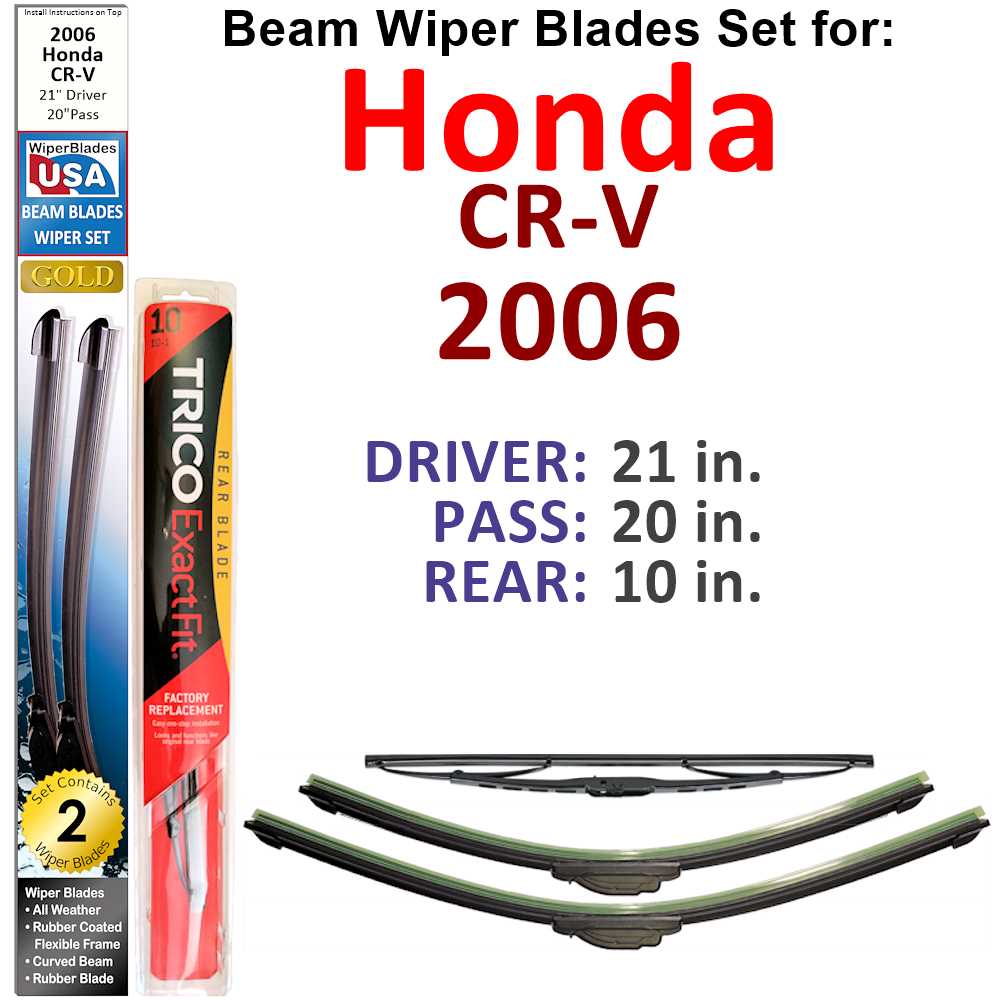 Set of 3 Beam Wiper Blades designed for 2006 Honda CR-V, showcasing their flexible and durable design.