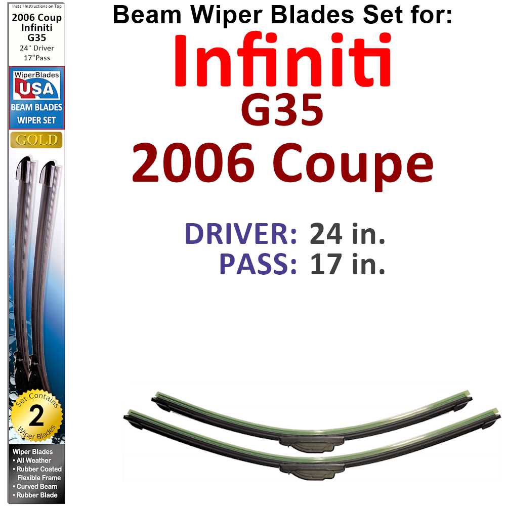 Set of 2 Beam Wiper Blades for 2006 Infiniti G35 Coupe, showcasing their flexible design and durable rubber construction.