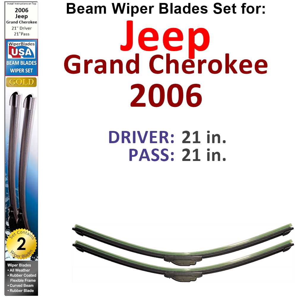 Set of two Beam Wiper Blades designed for 2006 Jeep Grand Cherokee, showcasing their flexible and durable construction.