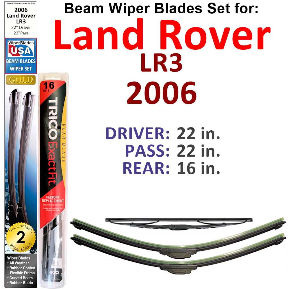 Set of 3 Beam Wiper Blades designed for 2006 Land Rover LR3, showcasing their flexible and durable construction.