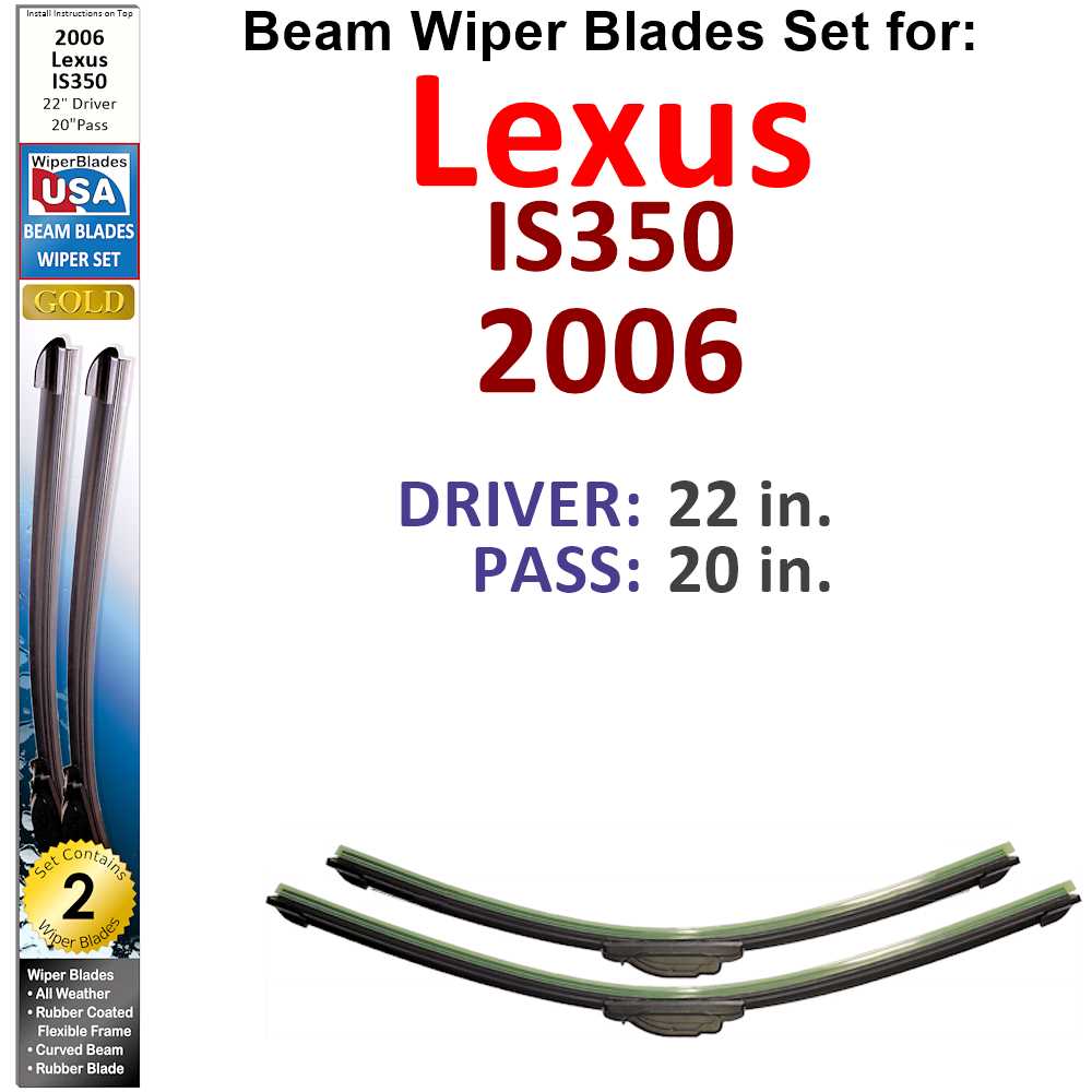 Set of 2 Beam Wiper Blades designed for 2006 Lexus IS350, showcasing their flexible and durable construction.