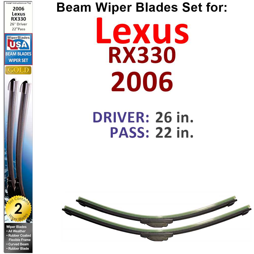 Set of two Beam Wiper Blades designed for 2006 Lexus RX330, showcasing their flexible and durable construction.