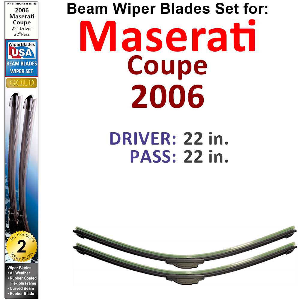 Set of two Beam Wiper Blades designed for 2006 Maserati Coupe, showcasing their sleek and flexible design for optimal windshield contact.