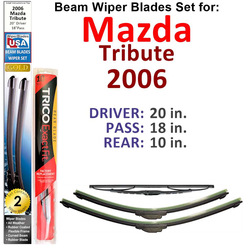 Set of 3 Beam Wiper Blades for 2006 Mazda Tribute, featuring durable rubber construction and pre-set attachments.