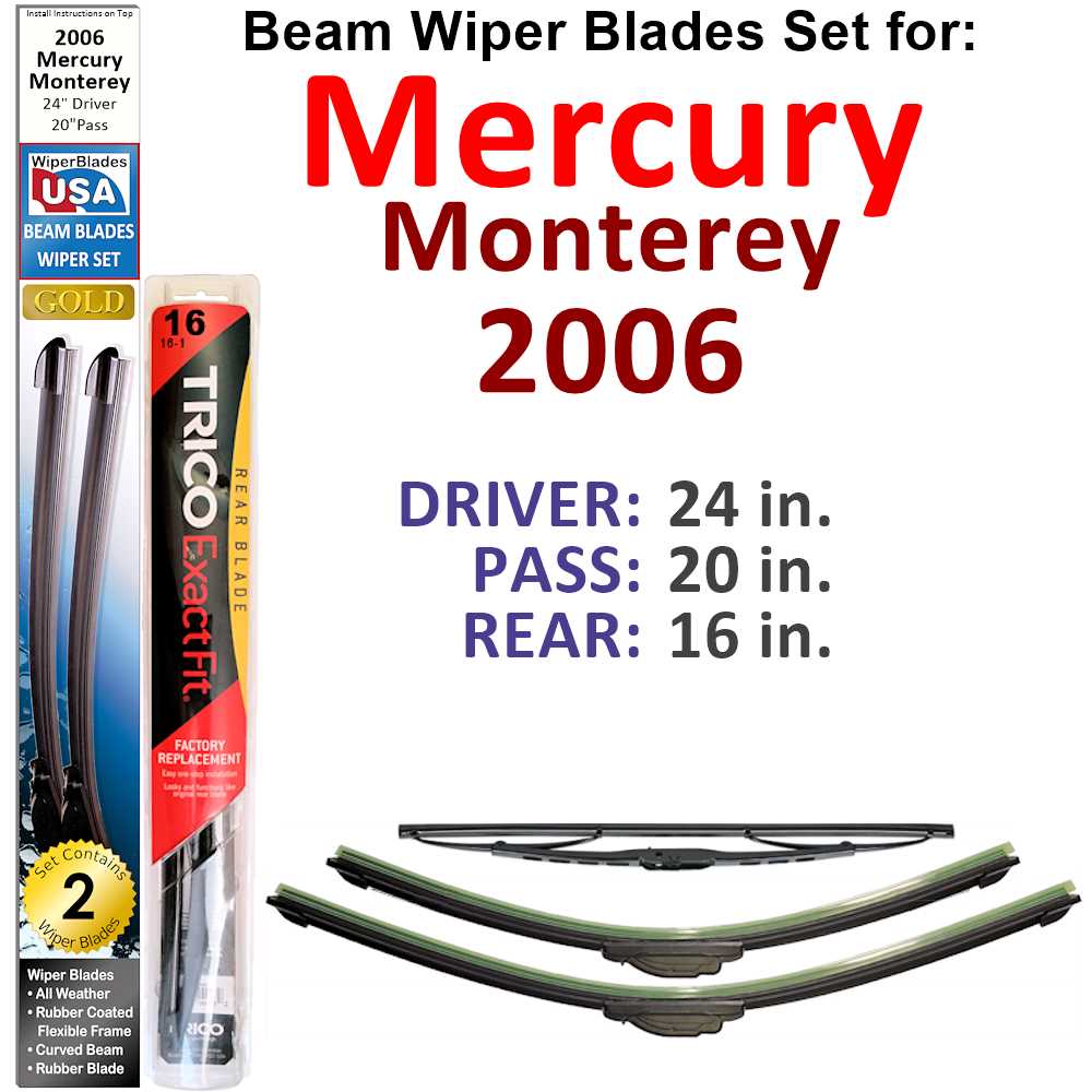 Set of 3 Beam Wiper Blades for 2006 Mercury Monterey, featuring flexible design and all-weather performance.