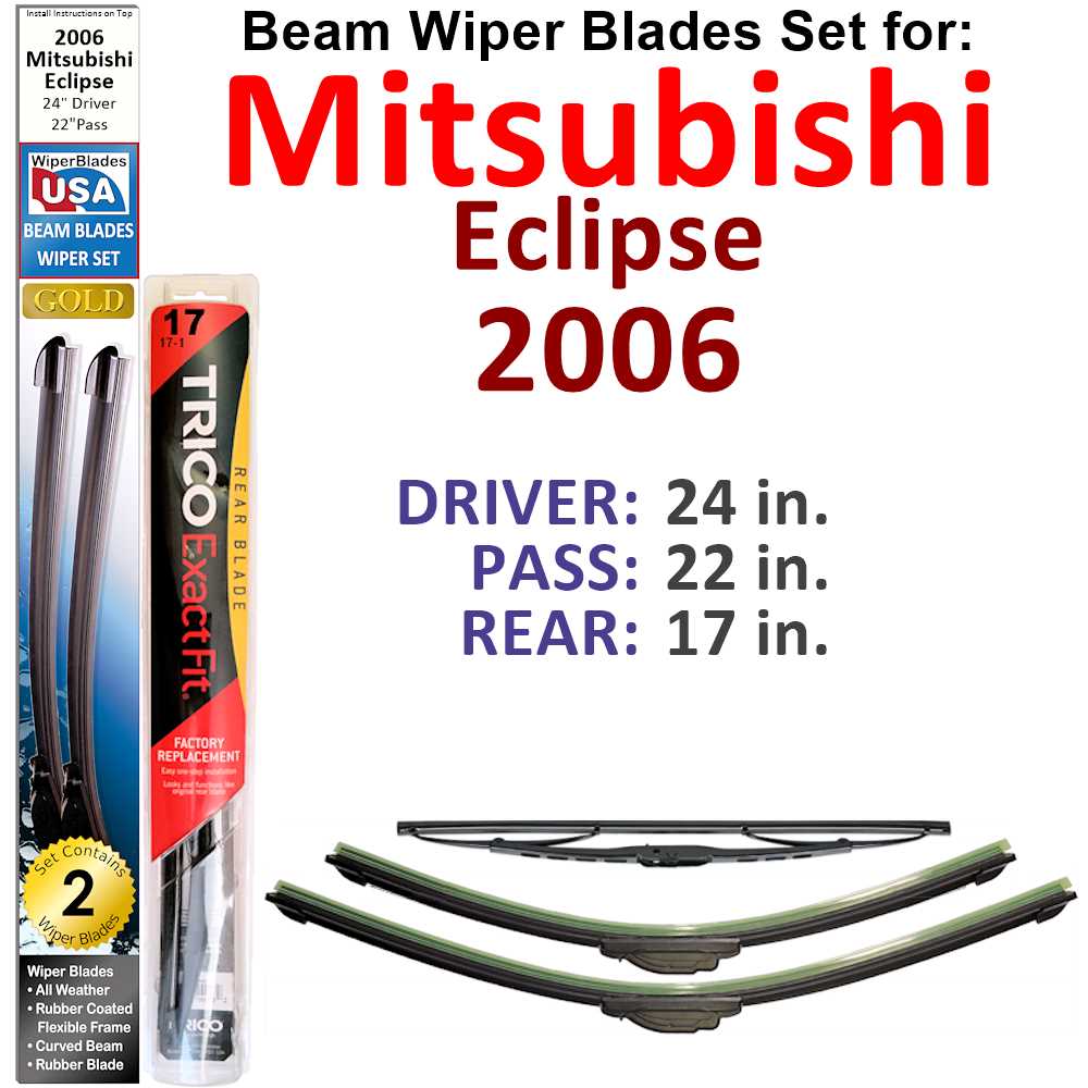 Set of 3 Beam Wiper Blades designed for 2006 Mitsubishi Eclipse, showcasing their flexible and durable construction.