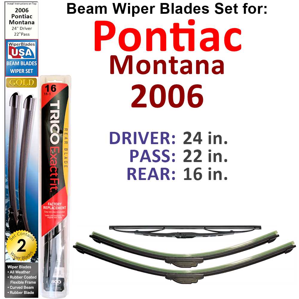 Set of 3 Beam Wiper Blades designed for 2006 Pontiac Montana, showcasing their flexible and durable construction.