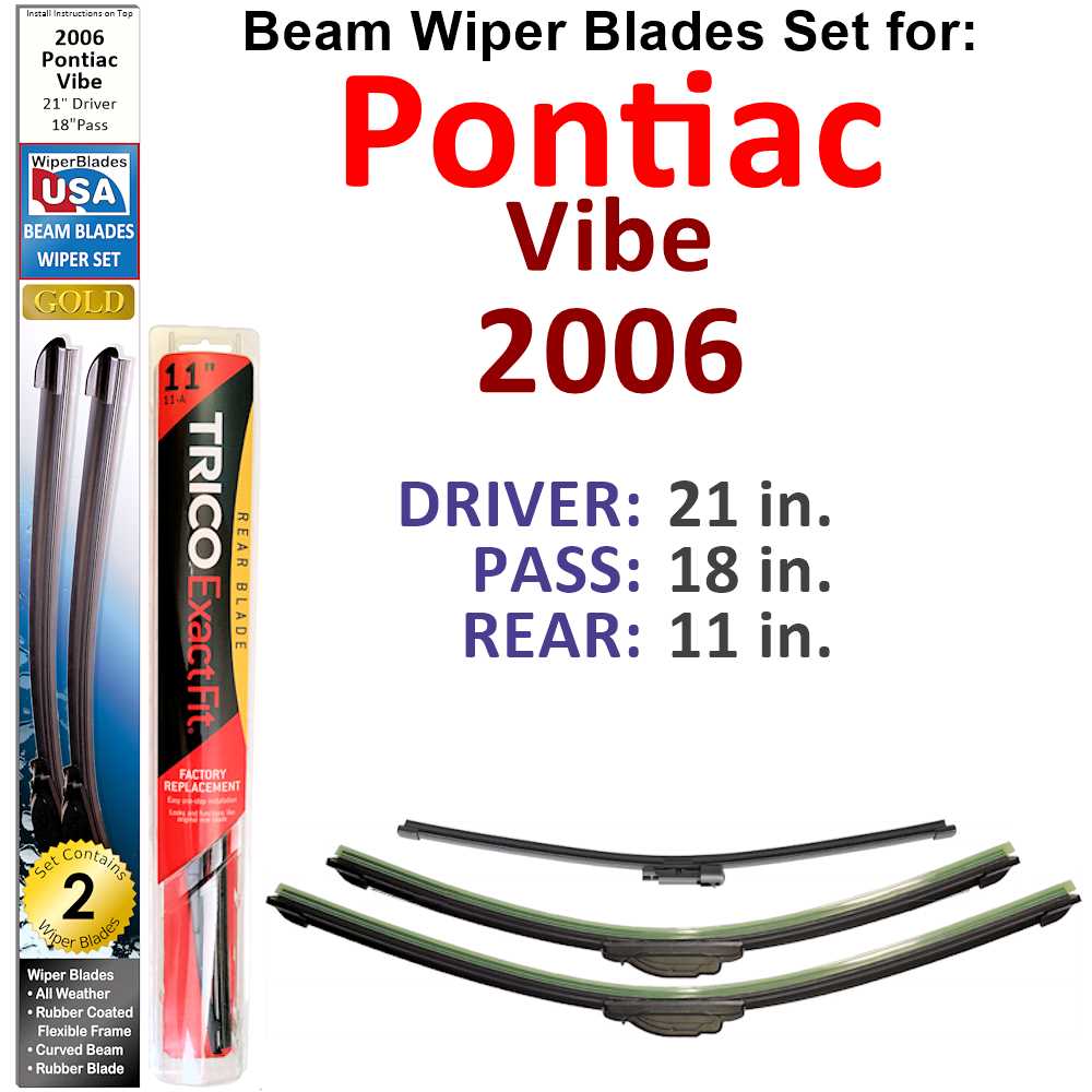 Set of 3 Beam Wiper Blades designed for 2006 Pontiac Vibe, showcasing their flexible and sealed design for optimal windshield contact.