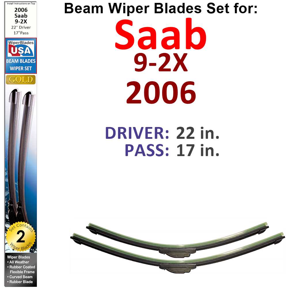 Set of two Beam Wiper Blades designed for 2006 Saab 9-2X, showcasing their flexible and durable construction.