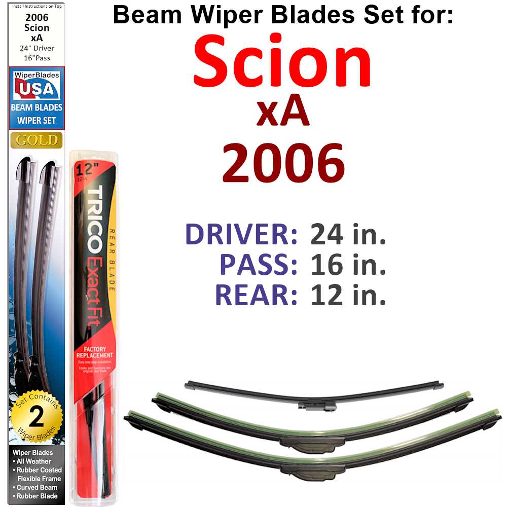 Set of 3 Beam Wiper Blades designed for 2006 Scion xA, showcasing their flexible and durable construction.