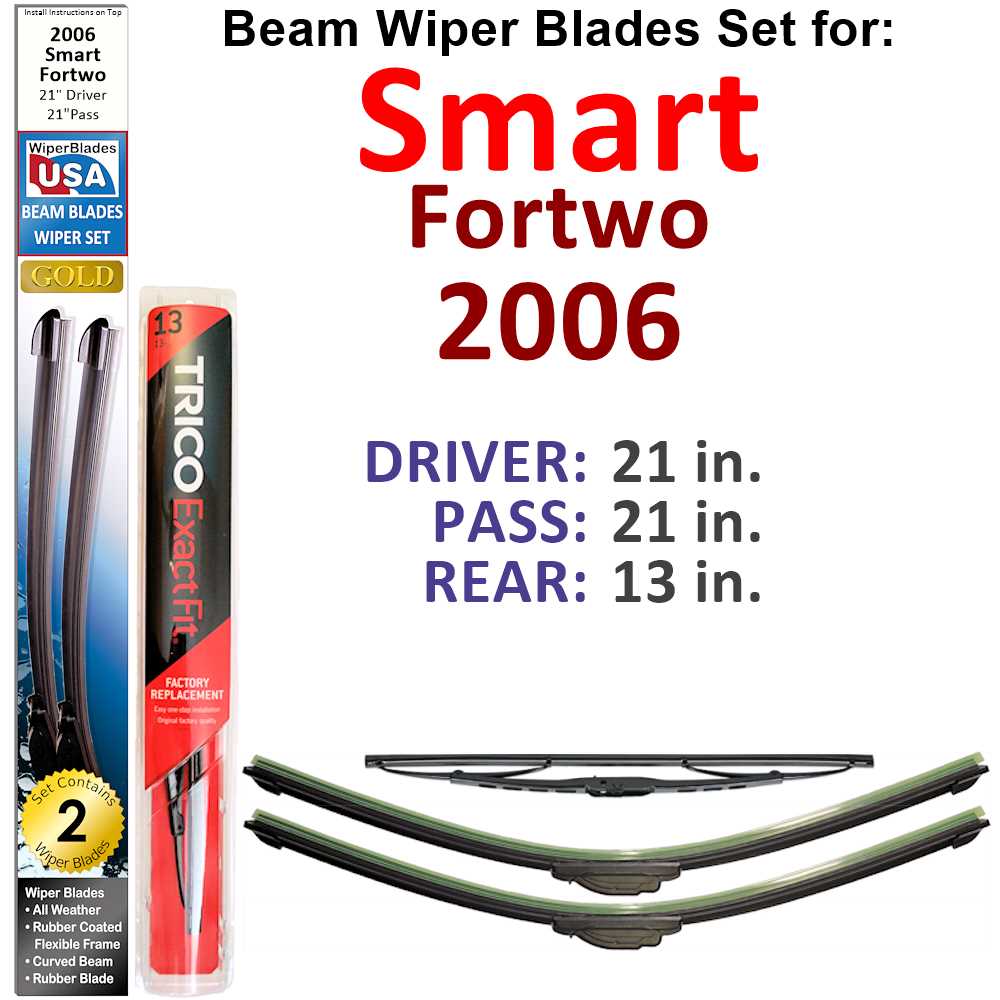 Set of 3 Beam Wiper Blades designed for 2006 Smart Fortwo, showcasing their flexible and sealed design for optimal performance.