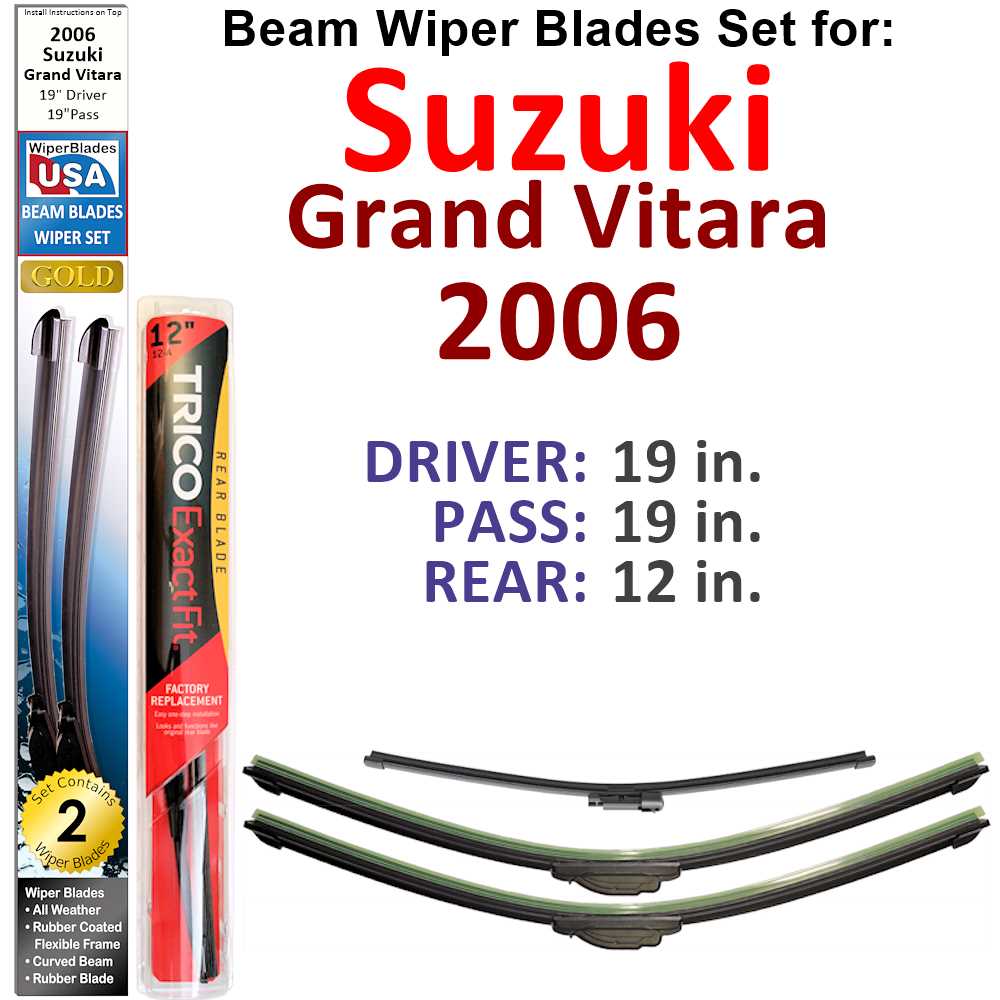 Set of 3 Beam Wiper Blades designed for 2006 Suzuki Grand Vitara, showcasing their flexible and durable construction.