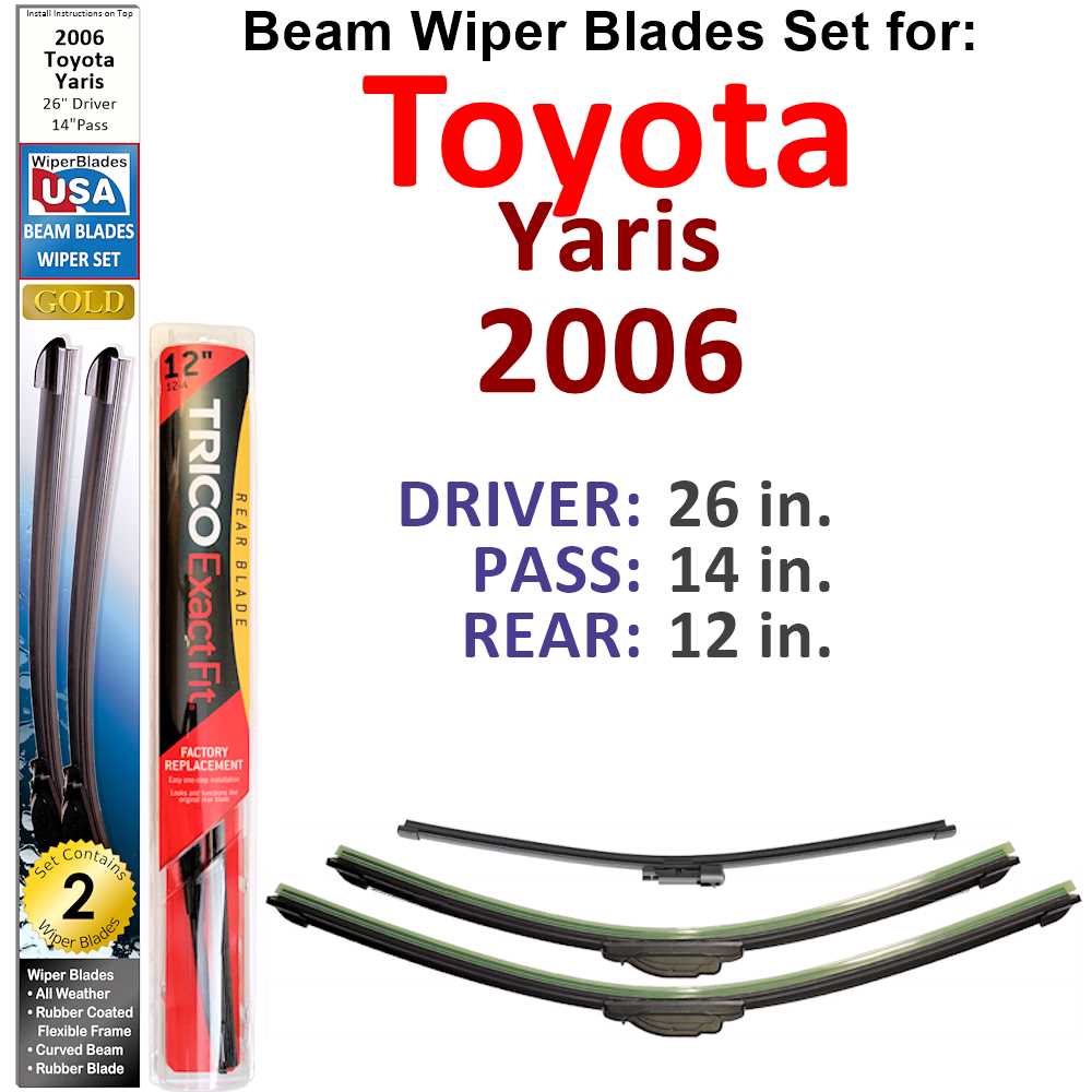 Set of 3 Beam Wiper Blades designed for 2006 Toyota Yaris, showcasing their flexible and sealed construction for optimal performance.