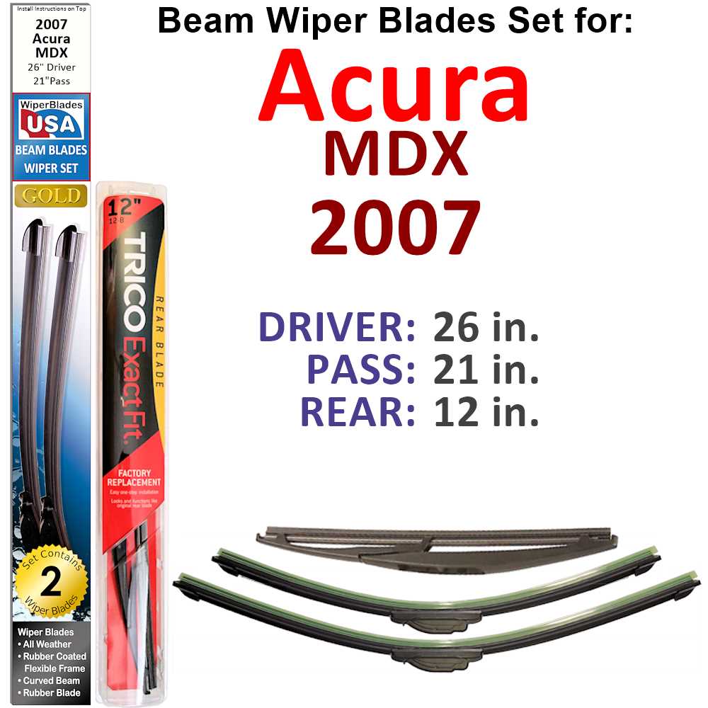 Set of 3 Beam Wiper Blades designed for 2007 Acura MDX, showcasing their flexible and durable construction.