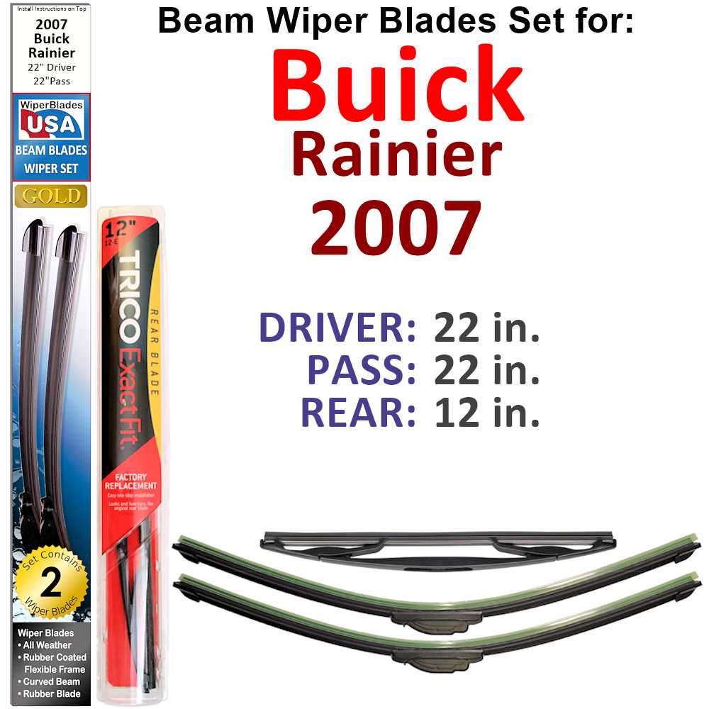 Set of 3 Beam Wiper Blades designed for 2007 Buick Rainier, showcasing their flexible and durable construction.