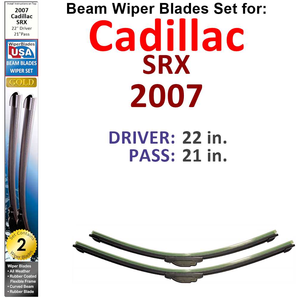 Set of 2 Beam Wiper Blades designed for 2007 Cadillac SRX, showcasing their flexible and sealed construction for optimal performance.