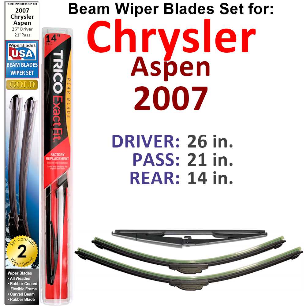 Set of 3 Beam Wiper Blades designed for 2007 Chrysler Aspen, showcasing their flexible and durable construction.