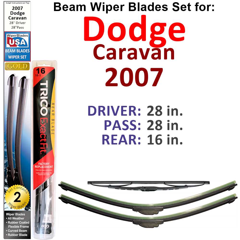 Set of 3 Beam Wiper Blades designed for 2007 Dodge Caravan, showcasing their flexible and sealed construction for optimal performance.