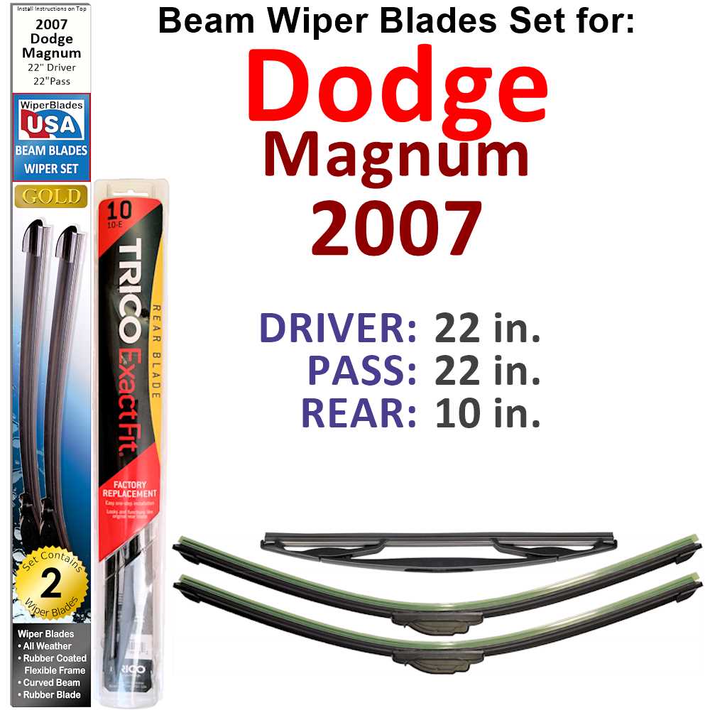 Set of 3 Beam Wiper Blades designed for 2007 Dodge Magnum, showcasing their flexible and sealed construction for optimal performance.