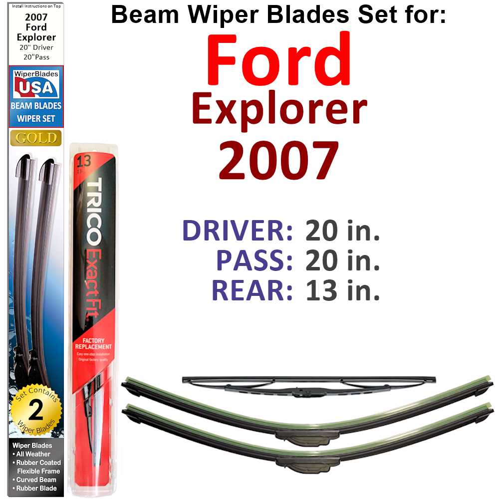 Set of 3 Beam Wiper Blades designed for 2007 Ford Explorer, showcasing their flexible and durable construction.