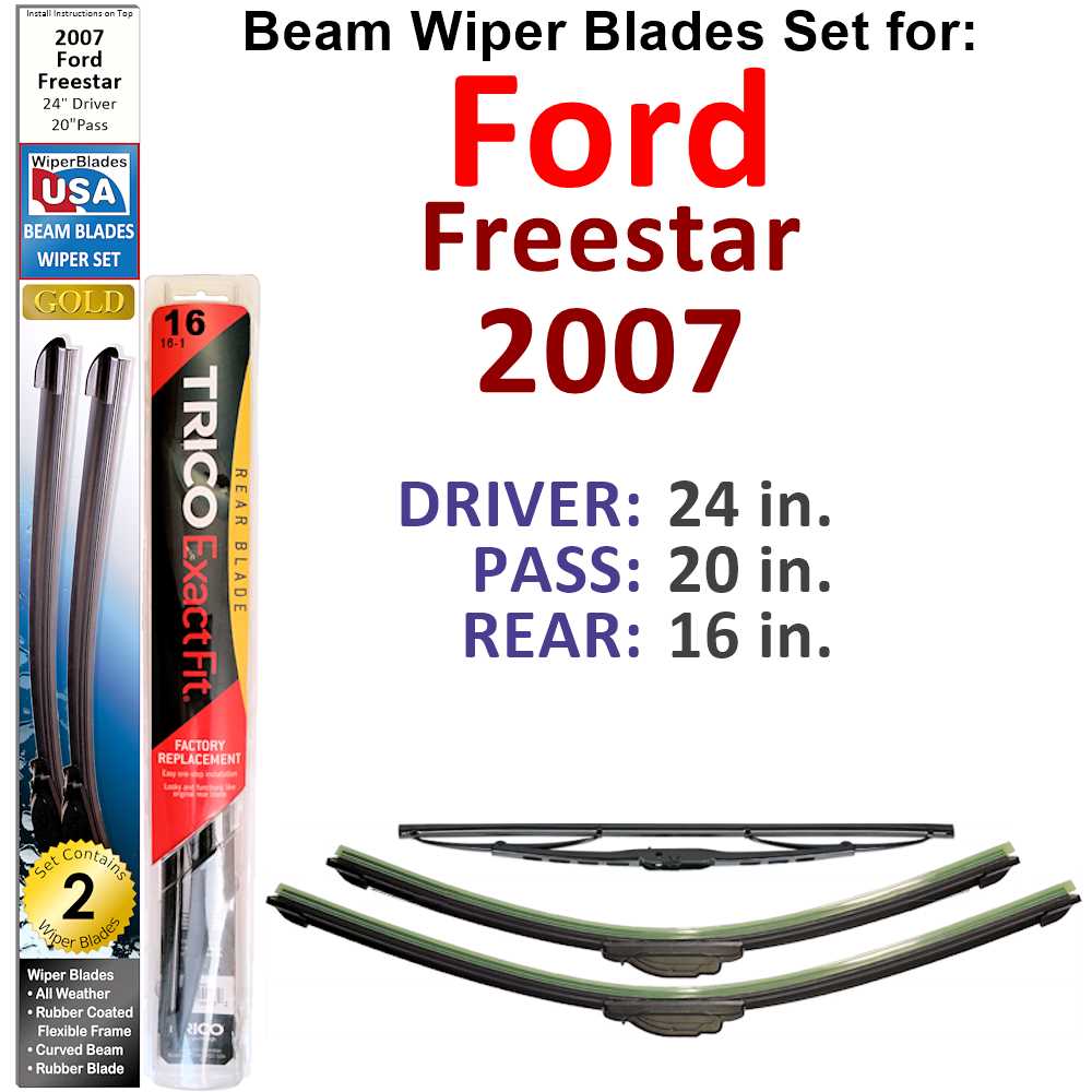 Set of 3 Beam Wiper Blades designed for 2007 Ford Freestar, showcasing their flexible and durable construction.