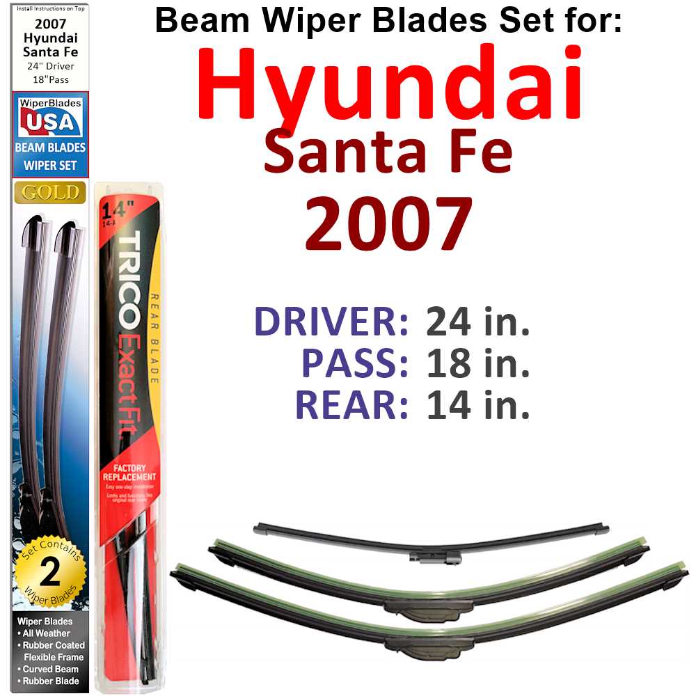 Set of 3 Beam Wiper Blades for 2007 Hyundai Santa Fe, showcasing their flexible design and durable construction.