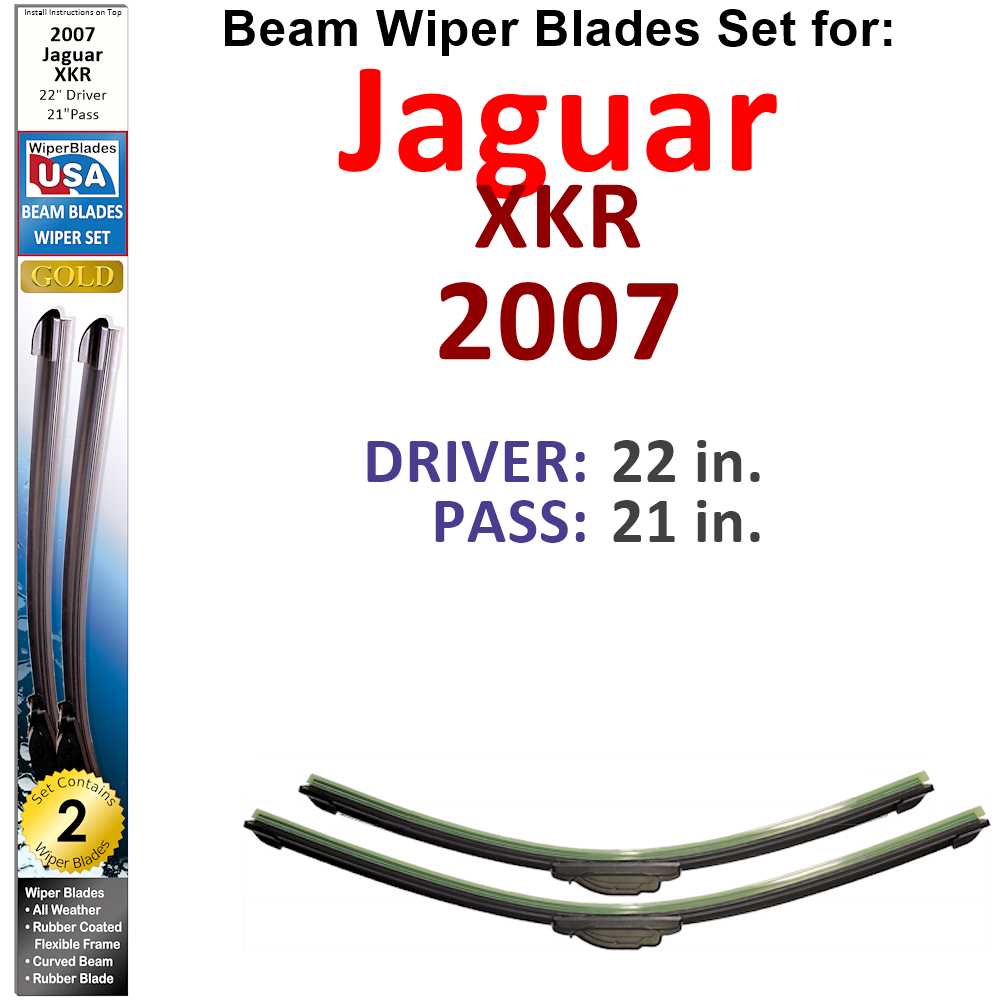 Set of 2 Beam Wiper Blades designed for 2007 Jaguar XKR, showcasing their flexible and durable construction.