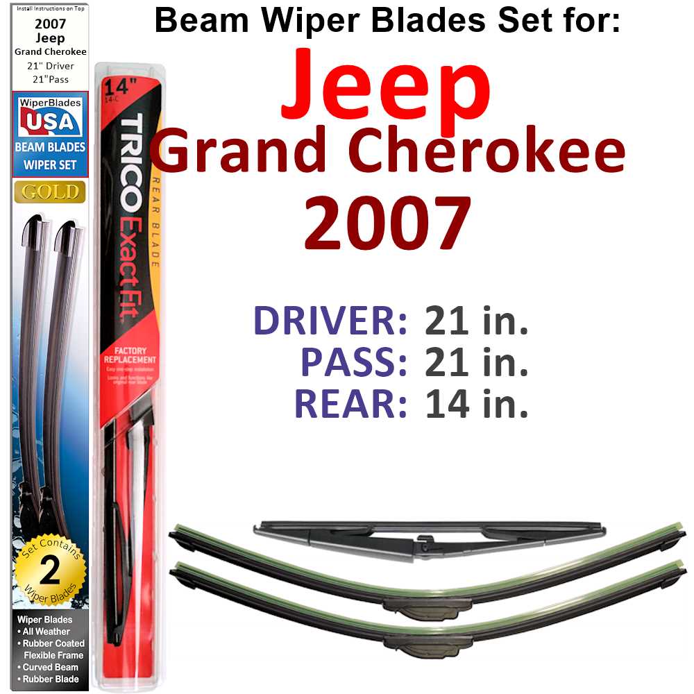 Set of 3 Beam Wiper Blades designed for 2007 Jeep Grand Cherokee, showcasing their flexible and durable construction.