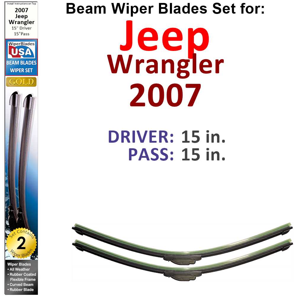 Set of two Beam Wiper Blades designed for 2007 Jeep Wrangler, showcasing their flexible beam structure and rubber-encased metal spine.