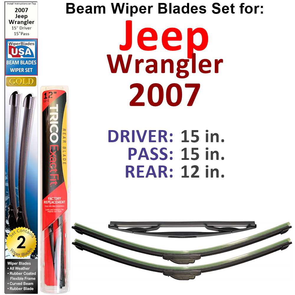 Set of 3 Beam Wiper Blades designed for 2007 Jeep Wrangler, showcasing their flexible and durable design.