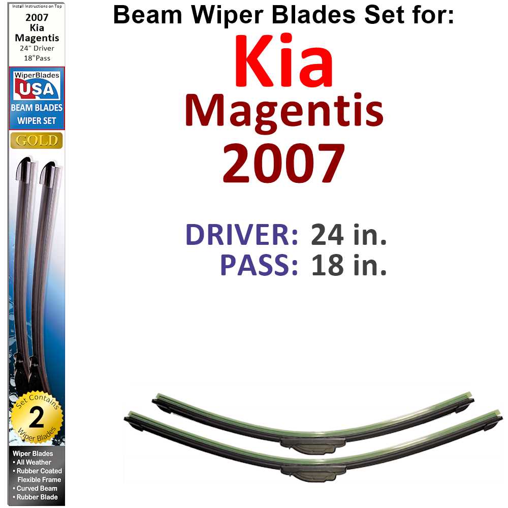 Set of 2 Beam Wiper Blades designed for 2007 Kia Magentis, showcasing their flexible and durable construction.