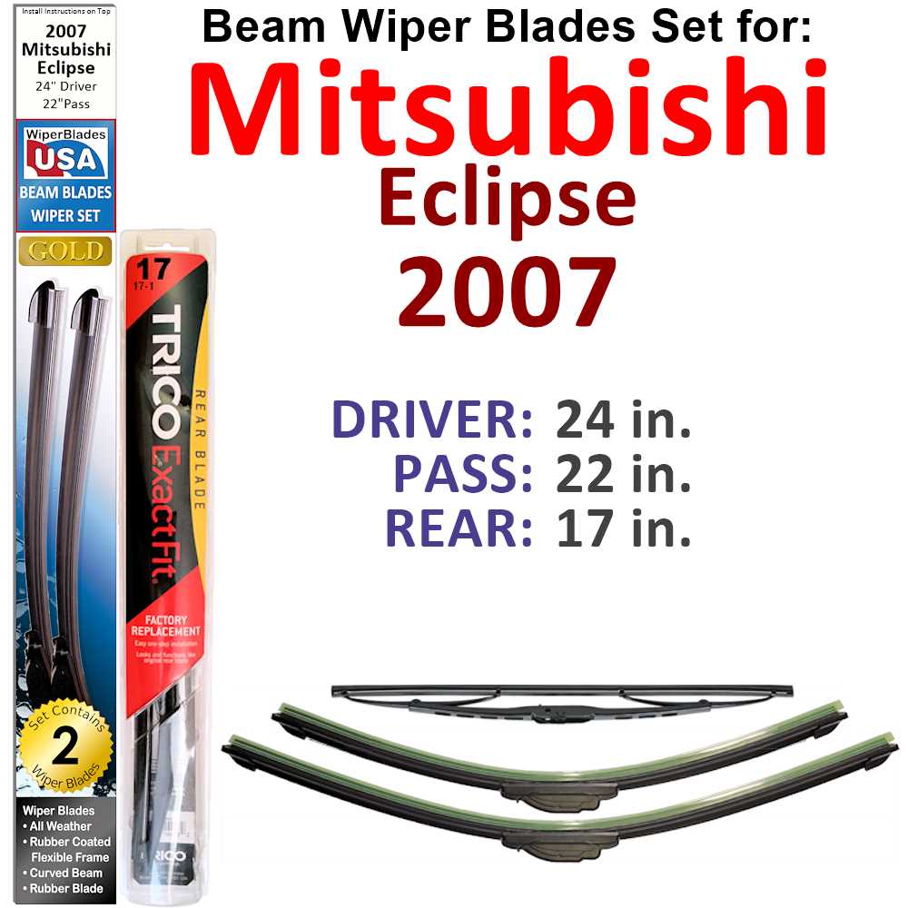 Set of Beam Wiper Blades for 2007 Mitsubishi Eclipse, showcasing three blades designed for optimal fit and performance.