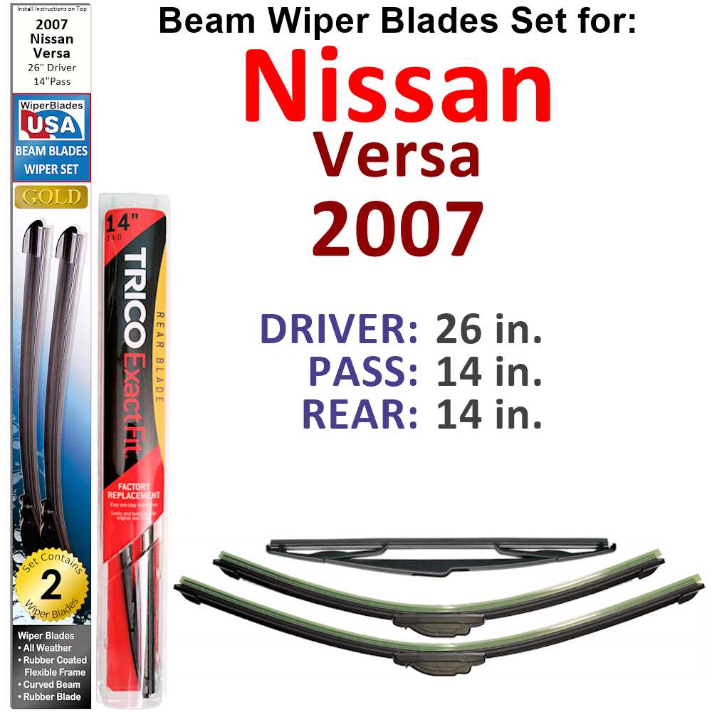 Set of 3 Beam Wiper Blades for 2007 Nissan Versa, showcasing their flexible design and durable rubber construction.