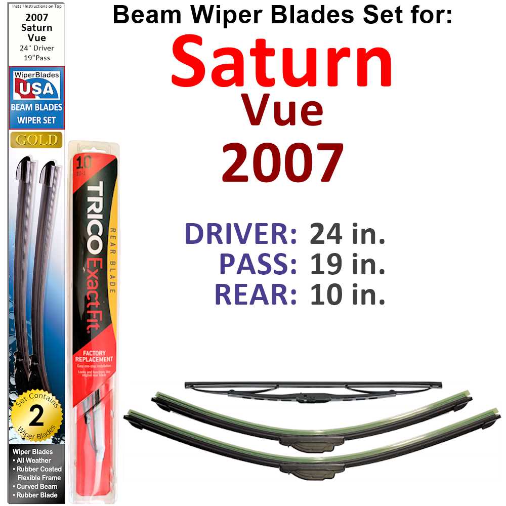 Set of 3 Beam Wiper Blades designed for 2007 Saturn Vue, showcasing their flexible and durable construction.