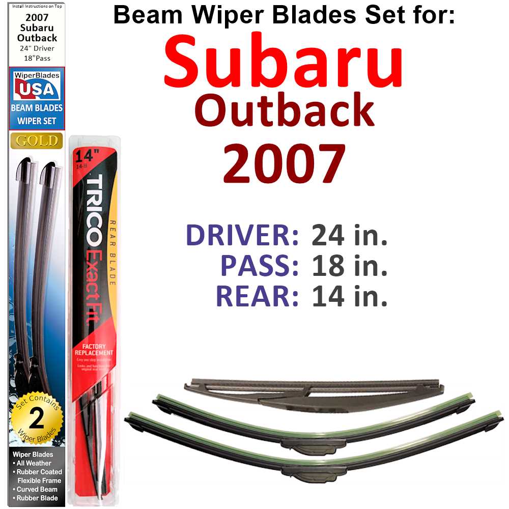 Set of 3 Beam Wiper Blades designed for 2007 Subaru Outback, showcasing their flexible and durable construction.