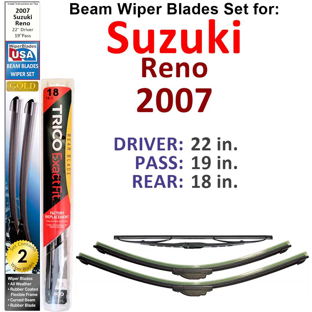 Set of 3 Beam Wiper Blades designed for 2007 Suzuki Reno, showcasing their flexible and durable construction.