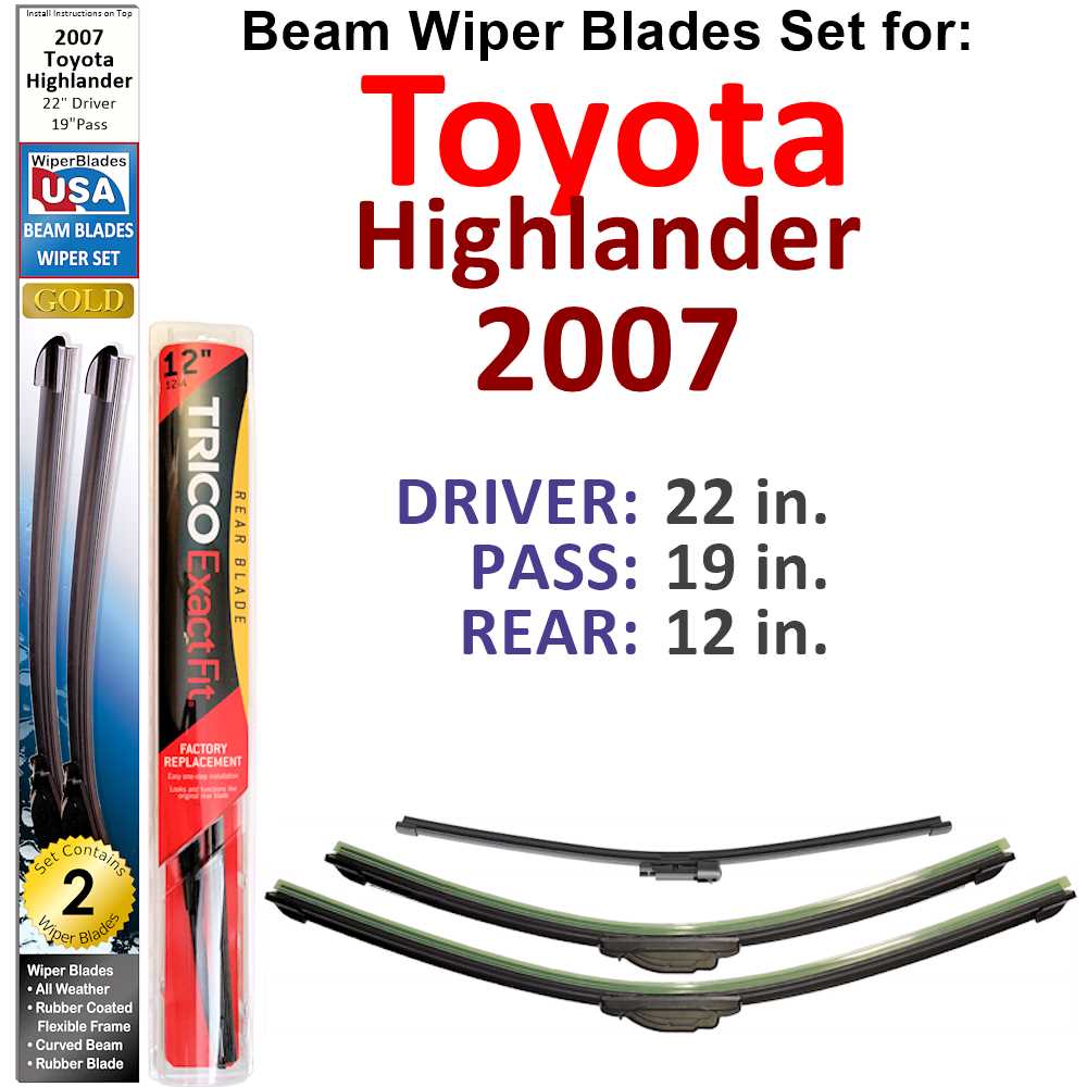 Set of 3 Beam Wiper Blades designed for 2007 Toyota Highlander, showcasing their flexible and sealed construction for optimal performance.