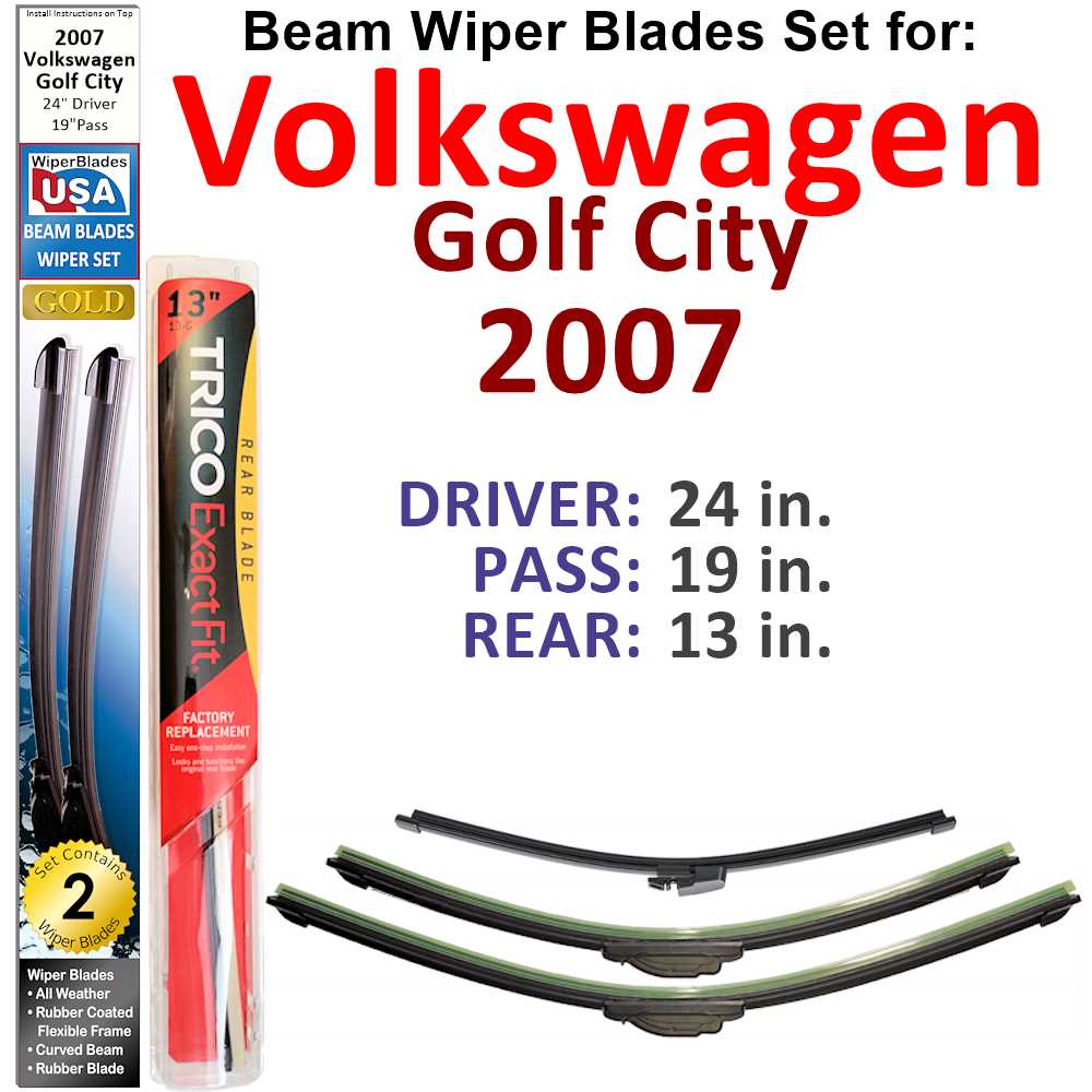 Set of 3 Beam Wiper Blades for 2007 Volkswagen Golf City, showcasing their flexible design and durable rubber construction.