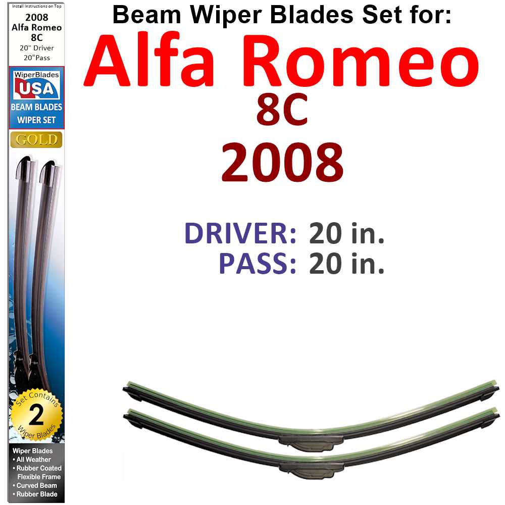 Set of 2 Beam Wiper Blades designed for 2008 Alfa Romeo 8C, showcasing their sleek design and durable construction.