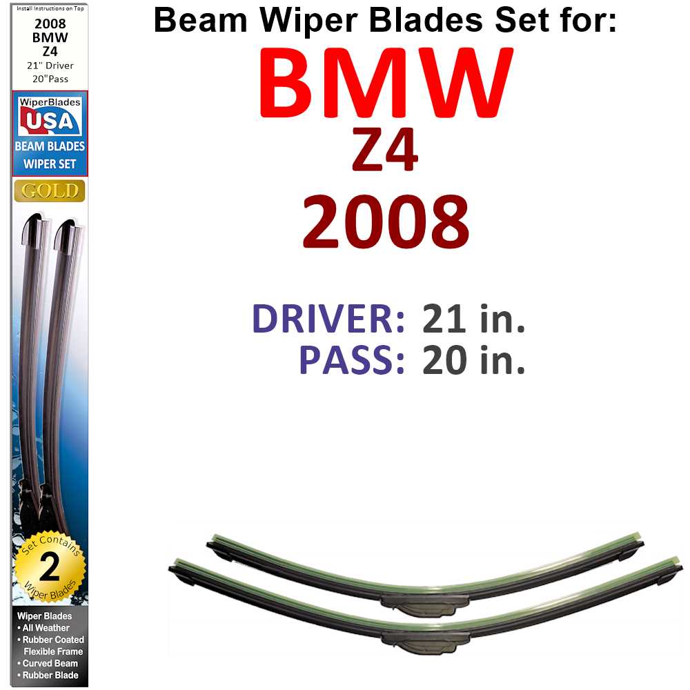 Set of two Beam Wiper Blades designed for 2008 BMW Z4, showcasing their sleek low-profile design and durable rubber-encased metal spine.